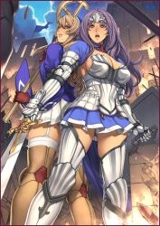  2girls annelotte_(queen&#039;s_blade) armlet armor armored_dress back-to-back blue_eyes breasts brown_hair cleavage cross elbow_gloves fire garter_straps gloves jewelry knight_princess_annelotte large_breasts legs long_hair miniskirt mole mole_under_mouth multiple_girls navel nun oda_non official_art purple_hair queen&#039;s_blade queen&#039;s_blade_rebellion shield sideboob sigui_(queen&#039;s_blade) skirt sword thighhighs thighs tiara weapon 