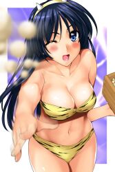  bad_id bad_pixiv_id beans bikini blue_eyes blue_hair blush breasts cleavage cosplay female kamia_(not_found) large_breasts long_hair lum lum_(cosplay) mamemaki motion_blur navel one_eye_closed oni open_mouth original setsubun solo swimsuit urusei_yatsura yellow_bikini yukino_sayuri 