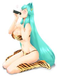  animal_print aqua_hair bikini blush boots breasts cleavage closed_eyes commentary_request eating ehoumaki fellatio female food full_body groin hair_intakes horns large_breasts long_hair lurie_schwarzkummel makizushi navel oni_costume oni_horns oral original setsubun sexually_suggestive shiny_skin simple_background simulated_fellatio sitting solo sushi swimsuit tiger_print very_long_hair wariza yagisaka_seto 