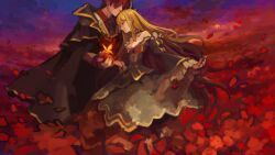  1boy artist_request beatrice_(umineko) blonde_hair bug butterfly choker closed_eyes dress female flower hair_down holding_hands long_hair petals profile red_hair short_hair source_request umineko_no_naku_koro_ni ushiromiya_battler wide_sleeves 