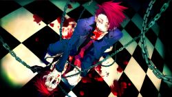  2boys black_battler blood chains checkered_floor dark_persona dual_persona formal looking_at_viewer male_focus multiple_boys necktie official_art open_mouth ougon_musou_kyoku red_hair suit suzuki_jirou umineko_no_naku_koro_ni ushiromiya_battler 