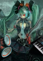  amputee aneater aqua_eyes aqua_hair bad_id bad_pixiv_id belt bow ca_(maeda_koutarou) calne_ca_(deino) crustacean female hair_ribbon hairbow hatsune_miku headphones heterochromia horror_(theme) instrument isopod keyboard_(instrument) long_hair open_clothes open_shirt original photoshop_(medium) red_eyes ribbon shirt skirt solo twintails very_long_hair vocaloid 