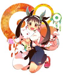  :3 animal animal_hug backpack bag bakemonogatari bandaid bandaid_on_knee bandaid_on_leg black_hair brown_eyes commentary_request company_connection crossover female green_ribbons hachikuji_mayoi hair_ribbon hairband hajime_(vasu) hug katou_emiri kyuubee long_hair mahou_shoujo_madoka_magica mahou_shoujo_madoka_magica_(anime) monogatari_(series) ribbon shaft_(company) twintails v voice_actor_connection 