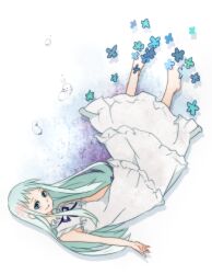  ano_hi_mita_hana_no_namae_wo_bokutachi_wa_mada_shiranai. bad_id bad_pixiv_id barefoot blue_eyes dissolving dress falling female floral_dissolve flower hair_ornament honma_meiko long_hair smile sofy solo sundress tears upside-down white_hair 