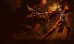  akali akali_(legacy) alternate_costume alternate_eye_color antlers backlighting black_hair blood_moon_(league_of_legends) blood_moon_akali brown_eyes dual_wielding eyeshadow female fighting_stance full_body hair_ornament hair_stick high_ponytail holding holding_weapon horns kama_(weapon) kienan_lafferty league_of_legends legs_apart long_hair long_sleeves looking_to_the_side low-tied_long_hair makeup mask mask_on_head ninja official_art outstretched_arm over_shoulder parted_lips pelvic_curtain photoshop_(medium) ponytail profile red_thighhighs serious sickle solo tassel thighhighs very_long_hair weapon weapon_over_shoulder wide_sleeves zettai_ryouiki 