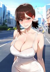  1girls ai_generated alternate_breast_size artstyle_imitation big_breasts big_breasts big_breasts birthmark blush breasts breasts breasts brown_hair chainsaw_man city cleavage dress erect_nipples female floox hair_ornament hi_res higashiyama_kobeni high_resolution hips huge_breasts large_breasts light-skinned_female light_skin short_hair smile stable_diffusion thiccwithaq_(ai_style) thick_thighs thighs tied_hair tight_clothing tits_out wide_hips 