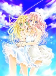  2girls aeru_(simoun) blonde_hair blue_eyes cloud commentary_request day dress green_eyes highres holding_hands multiple_girls neviril_(simoun) nishida_asako pink_hair simoun sky yuri 