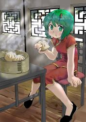  :t antennae bamboo_steamer baozi chinese_clothes commentary contemporary eating female flats food green_eyes green_hair highres jpeg_artifacts lattice looking_at_viewer no_socks shoes short_hair sitting solo touhou vanilla_(nekomist) window wriggle_nightbug 