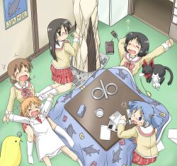  5girls aioi_yuuko black_eyes black_hair blonde_hair blue_eyes blue_hair blush book brown_hair chisel closed_eyes commentary_request cube_hair_ornament cup feline gaketsu glasses hair_ornament highres kneeling kotatsu laughing long_hair lying minakami_mai multiple_girls naganohara_mio nichijou on_back open_mouth professor_shinonome sakamoto_(nichijou) school_uniform serafuku shinonome_nano short_hair short_twintails sitting skirt sleeping smile table tokisadame_school_uniform twintails white_legwear winding_key 