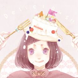  :q bad_id bad_pixiv_id berry blueberry bob_cut bow bowtie cake cake_hat english_text female food food_as_clothes food_on_face fork freckles fruit hat holding holding_fork icing knife nail_polish original portrait purple_eyes purple_hair raspberry shirt short_hair solo tongue tongue_out yua_(tick-tack) 