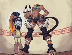  &gt;:) 2girls alex_ahad animal_ears apron aqua_eyes bare_shoulders barefoot blunt_bangs bob_cut breasts cat_ears cat_tail crop_top fish_girl from_below hand_on_own_hip hip_focus medium_breasts midriff minette_(skullgirls) ms._fortune_(skullgirls) multiple_girls navel official_art scar severed_head short_hair skullgirls smile sparkle standing tail thighhighs toes underboob v-shaped_eyebrows white_hair 