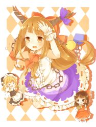  &gt;_&lt; 3girls ascot beans blonde_hair bow braid brown_eyes brown_hair chains chibi closed_eyes commentary_request hair_tubes hairbow hakurei_reimu hat horn_ornament horn_ribbon horns ibuki_suika kirisame_marisa long_hair multiple_girls open_mouth orange_eyes orange_hair ribbon side_braid skirt smile tears toadstool_(natadekoko) touhou witch_hat 