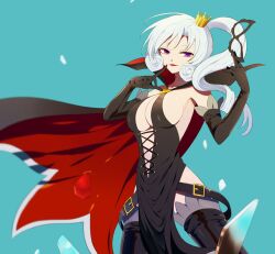  armpits arsene bad_id bad_pixiv_id banned_artist belt black_gloves black_legwear blue_background blue_hair blurry boots breasts cape cleavage cowboy_shot crown depth_of_field elbow_gloves finger_to_mouth foreshortening gloves harano heart henriette_mystere highleg holding large_breasts mask mask_removed navel ponytail purple_eyes side_ponytail simple_background smile solo tantei_opera_milky_holmes thigh_boots thighhighs 