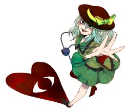  blush blush_stickers commentary_request eyeball female green_eyes green_hair hat heart highres koishi_komeiji&#039;s_heart-throbbing_adventure komeiji_koishi long_hair open_mouth outstretched_arm solo teeth third_eye touhou yukyougumi 