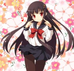  alternate_costume black_hair black_pantyhose blush branch brown_hair cheekbones commentary_request female floral_background flower hair_ornament houraisan_kaguya jeweled_branch_of_hourai long_hair panties panties_under_pantyhose pantyhose pantyshot pointing pointing_at_self red_eyes school_uniform serafuku skirt smile solo touhou underwear yamasan 