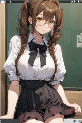  ai_generated blush braided_twintails brown_hair buttoned_shirt chalkboard dress_shirt dressed glasses high_school_dxd huge_breasts kiryuu_aika neck_ribbon school_skirt school_uniform schoolgirl schoolgirl_uniform sitting_on_table tight_clothing tight_fit twintails yellow_eyes 