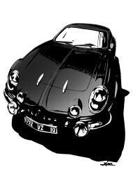  absurdres alpine_(carmaker) alpine_a110 car commentary_request greyscale highres license_plate monochrome motor_vehicle no_humans original photoshop_(medium) renault vehicle_focus yajima 