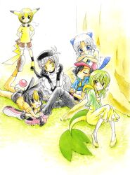  black_eyes black_hair blonde_hair blue_eyes green_hair hat lolicon oshawott pidove pikachu pokemon satoshi_(pokemon) snivy tepig yellow_eyes yellow_hair 