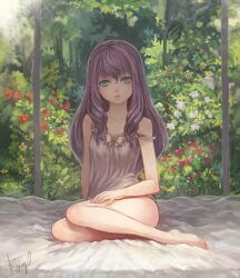  aqua_eyes bare_legs barefoot bryanth chemise commentary_request female flower highres kazahana_mashiro long_hair my-hime photoshop_(medium) purple_hair signature sitting solo strap_slip yokozuwari 