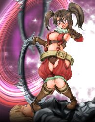  1041_(toshikazu) armor beauty_mark blush brown_hair gloves long_hair mole purple_eyes siegfried_schtauffen soul_calibur soulcalibur_iv tira tira_(soulcalibur) twintails weapon 