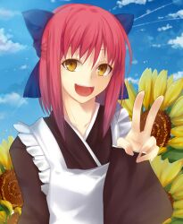  :d apron cloud commentary_request day female flower iro_(sekaixiro) japanese_clothes kimono kohaku_(tsukihime) open_mouth red_hair ribbon short_hair sky smile solo sunflower tsukihime upper_body v yellow_eyes 