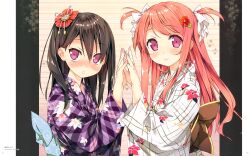  2girls absurdres animal_print_sash black_hair blush fingernails floral_print flower hair_flower hair_ornament hairpin highres holding_hands japanese_clothes kantoku kimono kurumi_(kantoku) long_hair looking_at_viewer multiple_girls nose_blush obi original pillarboxed pink_eyes pink_hair purple_eyes sash shizuku_(kantoku) smile two_side_up upper_body 