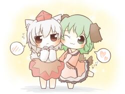  2girls :&lt; :3 animal_ears bad_id bad_pixiv_id blush cheek-to-cheek chibi dog_ears dog_tail dress flying_sweatdrops green_eyes green_hair hands_on_own_face hat heads_together heart inubashiri_momiji kasodani_kyouko leg_up multiple_girls one_eye_closed red_eyes short_hair simple_background sleeves_past_wrists south114 tail tail_wagging tokin_hat touhou white_hair wolf_ears wolf_tail 