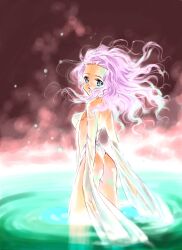  ass blue_eyes commentary_request dress female long_hair looking_back neviril_(simoun) nishida_asako pink_hair see-through simoun solo water wet wet_clothes wind 