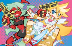  2girls armlet blonde_hair blue_eyes bridal_gauntlets colored_skin commentary_request crop_top cross-laced_footwear demon_girl earrings green_eyes green_hair gun handgun horns jewelry midriff multiple_girls nail_polish navel official_style panty_&amp;_stocking_with_garterbelt panty_(psg) photoshop_(medium) red_skin scanty_(psg) shoes skirt stud_earrings weapon white_skirt winged_footwear zimmay 