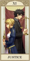  1boy ahoge armor art_nouveau artoria_pendragon_(fate) asura_(asr4000) bad_id bad_pixiv_id balance_scale black_hair blonde_hair commentary_request dress emiya_kiritsugu excalibur_(fate/stay_night) facial_hair fate/zero fate_(series) female green_eyes hair_ribbon justice_(tarot) ribbon saber_(fate) sidelocks stubble tarot tarot_(medium) weighing_scale 