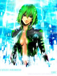  bad_id bad_pixiv_id binary breasts cleavage female green_eyes green_hair gumi highres jacket looking_at_viewer medium_breasts open_clothes open_jacket short_hair smile solo vocaloid zenith00 