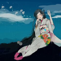  bad_id bad_pixiv_id black_hair blue_eyes blue_sky blush camellia_print cloud female floral_print flower hair_flower hair_ornament japanese_clothes kimono lips long_hair looking_away nail_polish nekosuke_(oxo) night night_sky obi open_mouth original outstretched_hand pink_legwear print_sash reaching sash sitting sky solo tabi very_long_hair white_kimono wide_sleeves 