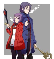  1boy b.tarou bad_id bad_pixiv_id black_eyes black_legwear blush breath female glass hand_in_pocket jacket nesty open_mouth pantyhose photoshop_(medium) purple_eyes purple_hair short_hair simple_background staff summon_night summon_night_2 toris 