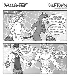  abs beefy big_bulge boyfriends bulge clothed comic costume dialogue dilftown dilftown_comic grown_up halloween hand_holding johnny_souza male male_only monochrome muscles muscular muscular_male pecs safe schizoid sfw teen_boy teenager twitter_user_oc uncolored will_shotwell yaoi 