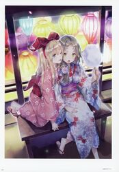  2girls absurdres atelier_(series) atelier_firis blonde_hair blue_eyes bow brown_hair firis_mistlud floral_print green_eyes hair_ornament highres ilmeria_von_leinweber japanese_clothes kimono lantern long_hair multiple_girls obi official_art sash scan yukata yuugen 