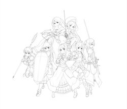  6+girls apple_grant armor armored_dress basket_hilt bec_de_corbin brigandine_(armor) character_request club_(weapon) couter crossbow cuirass drill_hair faulds fighting_stance gauntlets greaves greyscale hand_on_own_chest hand_up helmet highres holding holding_crossbow holding_polearm holding_shield holding_staff holding_sword holding_weapon knight left-handed line_art long_hair long_skirt medieval miniskirt monochrome multiple_girls pauldrons plate_armor polearm poleyn quad_drills rapier rerebrace rondel shield shoulder_armor skirt smile spear spiked_club staff sword twintails two-handed two-handed_sword war_hammer weapon winged_helmet 