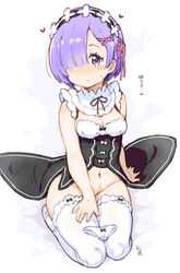  blue_eyes blue_hair blush bottomless bow bow_legwear bow_panties breasts cleavage commentary_request female hair_ornament hair_over_one_eye heart looking_at_viewer maid maid_headdress navel no_shoes panties pink_ribbon purple_hair randou re:zero_kara_hajimeru_isekai_seikatsu rem_(re:zero) ribbon roswaal_mansion_maid_uniform seiza short_hair simple_background sitting sleeveless small_breasts smile solo thighhighs translated underwear unworn_panties white_background white_panties white_thighhighs x_hair_ornament 