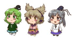  3girls bad_id bad_link bad_twitter_id boots chibi earmuffs full_body ghost ghost_tail gyate_gyate hat lowres mononobe_no_futo multiple_girls namako_daibakuhatsu open_mouth pixel_art skirt smile soga_no_tojiko standing touhou toyosatomimi_no_miko transparent_background 