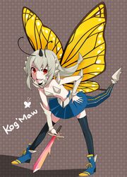  antennae bug butterfly butterfly_wings commentary_request female grey_hair hand_on_own_hip highres horns ilris insect_wings kog&#039;maw league_of_legends leaning_forward long_hair looking_at_viewer open_mouth personification red_eyes single_horn solo sword tail thighhighs weapon wings yellow_wings 