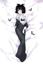  bat_(animal) black_dress black_eyes blush bra breasts commentary_request creepy_suzie dakimakura_(medium) dress female full_body hair_ribbon highres jcm2 medium_breasts one_eye_closed open_clothes open_shirt purple_hair ribbon shirt smile solo the_oblongs underwear wavy_mouth 