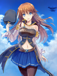  :d aircraft arm_at_side armlet armor bare_shoulders belt black_hat black_pantyhose blue_eyes blue_skirt blue_sky braid breastplate breasts brown_hair cloud commentary_request cowboy_shot day detached_collar detached_sleeves eyebrows female frills granblue_fantasy hair_between_eyes hat hat_feather holding holding_clothes holding_hat large_breasts lecia_(granblue_fantasy) long_hair looking_at_viewer miniskirt navel open_mouth pantyhose photoshop_(medium) pleated_skirt puffy_sleeves see-through single_braid skirt sky smile solo stomach takepon unworn_hat unworn_headwear 