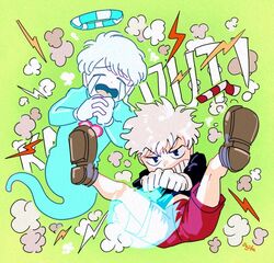  2boys artist_name black_shirt brothers clenched_teeth crying cuphead cuphead_(game) drinking_straw ghost gloves green_background halo heart kaitensushi_iketa long_sleeves male_focus mugman multiple_boys open_mouth personification protected_link shirt siblings simple_background teeth white_gloves white_hair 