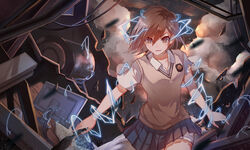  absurdres brown_eyes brown_hair brown_sweater brown_sweater_vest brown_vest commentary_request debris dress_shirt electricity electrokinesis emblem facing_viewer female grey_skirt highres holding holding_weapon magnetism medium_hair metal metal_sand misaka_mikoto monitor open_mouth psychic school_emblem school_uniform science_fiction shirt short_shorts short_sleeves shorts shorts_under_skirt skirt sleeveless sleeveless_sweater smoke solo sora_(zwz030) summer_uniform sweater sweater_vest toaru_kagaku_no_railgun toaru_majutsu_no_index tokiwadai_school_uniform turbine vest weapon wreckage 