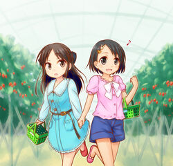  2girls :d :o basket belt black_eyes black_hair blouse bow brown_eyes brown_hair casual commentary_request dress flying_sweatdrops food fruit greenhouse hair_ornament hairbow hairclip holding_hands idolmaster idolmaster_cinderella_girls leg_up long_hair multiple_girls musical_note naoharu_(re_barna) no_socks open_mouth photoshop_(medium) sasaki_chie shirt shoes shopping_basket short_hair shorts smile strawberry tachibana_arisu 