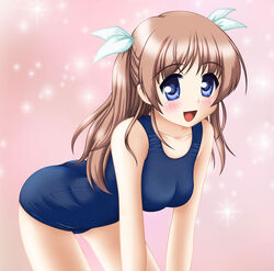  bent_over blue_eyes brown_hair commentary_request daitoshokan_no_hitsujikai female long_hair neopure one-piece_swimsuit photoshop_(medium) school_swimsuit shirasaki_tsugumi shirazaki_tsugumi swimsuit 