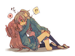  !? 2girls aria_gakuen_school_uniform between_legs blue_shirt blush closed_eyes commentary_request green_eyes green_hair half_updo heart houjou_hibiki kissing kissing_cheek kneehighs long_hair minamino_kanade multiple_girls orange_hair photoshop_(medium) ponytail precure school_uniform shirt simple_background socks spoken_heart suite_precure surprise_kiss surprised takishima_asaka two_side_up yuri 