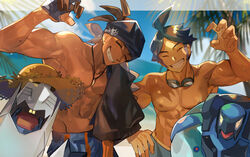  2boys abs ahoge black_headwear blue_hair carracosta clenched_teeth closed_eyes cloud commentary_request dark-skinned_male dark_skin day duraludon goggles goggles_around_neck grin hand_on_own_hip hand_up highres jewelry male_focus marlon_(pokemon) multiple_boys natsuko_(summer_525528) navel necklace outdoors pokemon pokemon_(creature) pokemon_bw2 pokemon_swsh raihan_(pokemon) short_hair shorts sky smile teeth topless_male 