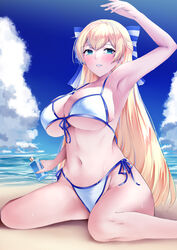  absurdres anesaki beach bikini blonde_hair blue_sky bottle breasts cendrillion_(wonderland_wars) cleavage cloud day female front-tie_top green_eyes highres horizon large_breasts long_hair looking_at_viewer lotion ocean outdoors side-tie_bikini_bottom sitting sky solo sunscreen swimsuit wariza white_bikini wonderland_wars 