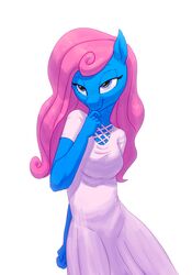  2019 absurd_res anthro bedroom_eyes blue_body blue_eyes bubble_pop carniscorner clothing digital_media_(artwork) dress equid equine female hair hasbro hi_res horse mammal my_little_pony narrowed_eyes pink_clothing pink_dress pink_hair pony seductive simple_background solo white_background 