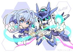  blue_eyes blue_hair chibi copyright_name creature dated dual_wielding female gn_drive gundam gundam_00_sky gundam_00_sky_moebius gundam_build_divers gundam_build_divers_re:rise holding holding_sword holding_weapon looking_at_viewer mecha mol_(gundam_build_divers) robot sara_(gundam_build_divers) science_fiction shokkaa_(shmz61312) sword v-fin weapon 